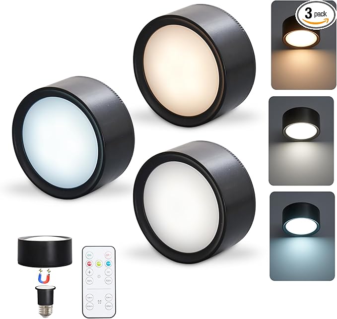 Wireless LED Puck Lights with Remote, 3-Pack 2.9” AA Battery Operated Under Cabinet Lighting for Closet/Kitchen/Shelf, 3 Color Dimmable Magnetic Sitck on Lights with Timer