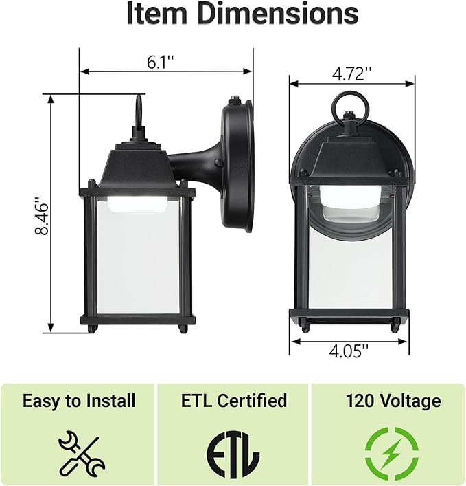 LIT-PaTH Dusk to Dawn Outdoor Wall Lantern, LED Wall Sconce, 5000K Daylight White, 9.5W, 800 Lumen, Aluminum Housing Plus Glass, Outdoor Rated, 2-Pack, Black