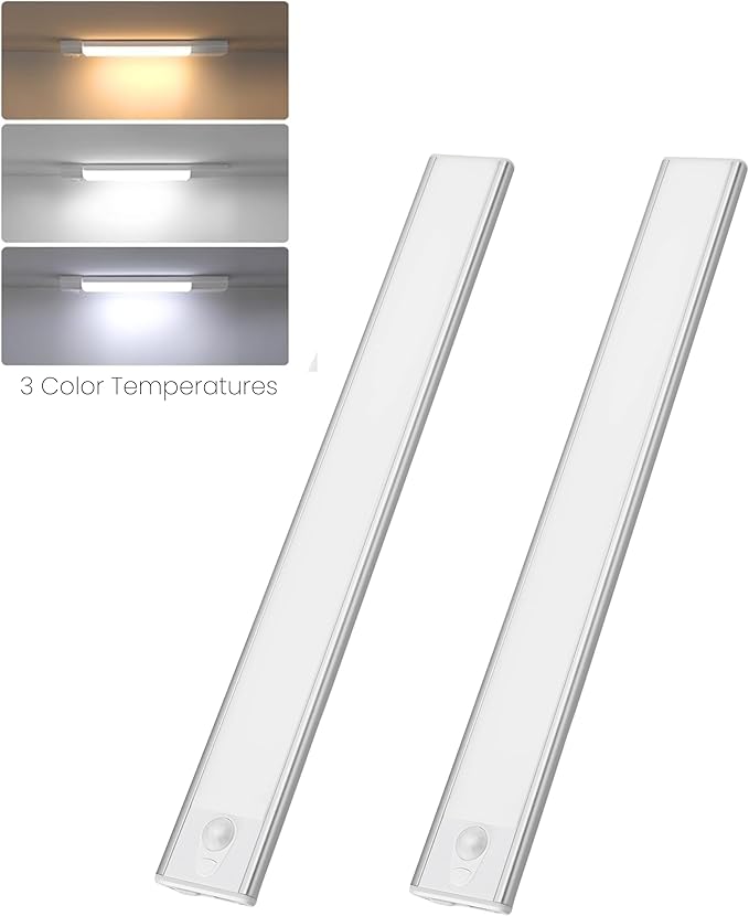 7" LED Cabinet Light with Motion & Light Sensor, Pack of 2 Rechargeable Under Cabinet Lighting, 3 Color Modes 3000K/4500K/6000K, 36 LEDs, 100LM, USB, 1100mAh Battery, Wireless Closet Light