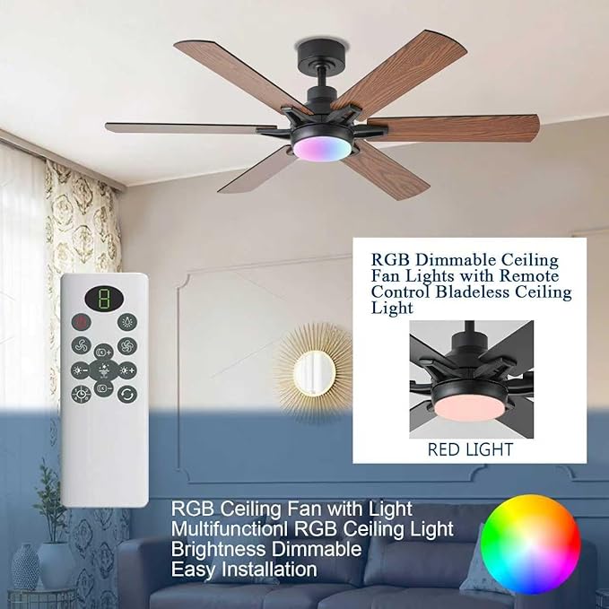 52in Ceiling Fans with Lights RGB Ceiling Fan with Light and Remote/APP Control,Low Profile Ceiling Fans with Lights for Bedroom,Living Room,Kids Room,3CCT Dimmable Modern Ceiling Fan, 6 Speeds,Brown