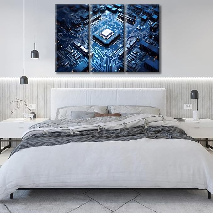 CPU Concept Canvas Wall Art for Living Room Home Decor Technology Blue AI Poster Prints on Canvas 3 Pieces Chip Wall Decorations for Bedroom Bathroom Office Framed Ready to Hang, 60"Wx40"H