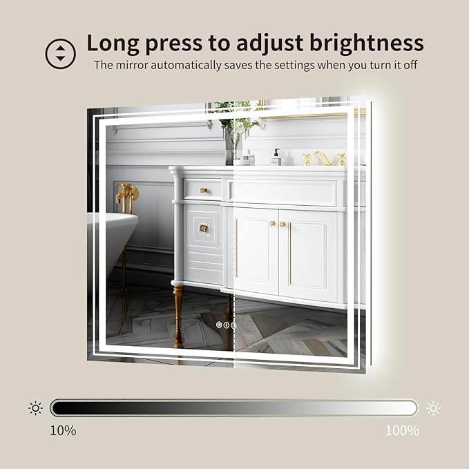 WTTY LED Bathroom Mirror 36"x36" with Backlit and Front Light,Stepless Dimmable LED Mirror for Bathroom,Anti-Fog Lighted Bathroom Vanity Mirror Modern,Memory Function,Shatter-Proof