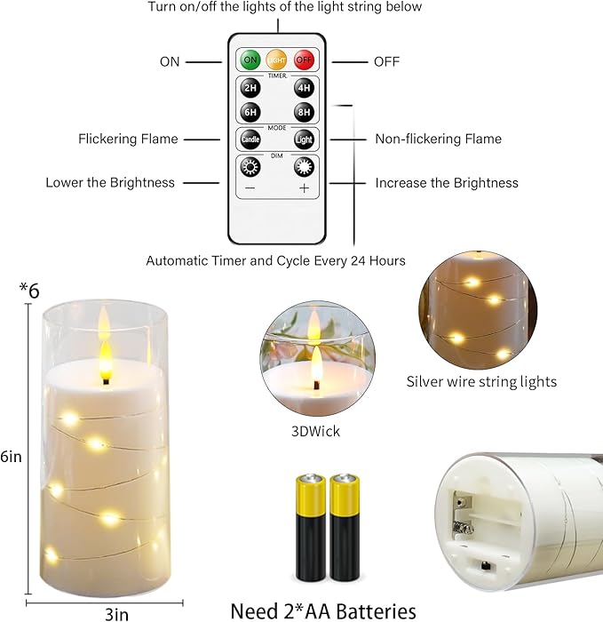 Flickering Flameless Candles with Remote Timer, 6pcs LED Battery Operated Candles with Embedded String Lights White, D3 H6