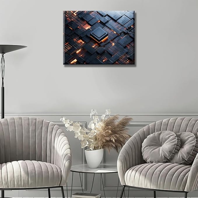Abstract Design Canvas Wall Art Decor Central Computer Processors CPU Pictures for Bedroom Digital Age Office Wall Art Framed Circuit Board Modern Artwork for Living Room Bedroom 12x16 INCH