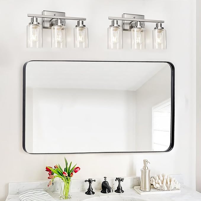Ascher Bathroom Vanity Light Fixtures, 3 Light Wall Sconces Lighting with Clear Glass Shade, Brushed Nickel Wall Lights for Mirror, Kitchen, Living Room, Gallery, E26 Base (Bulbs Not Included)