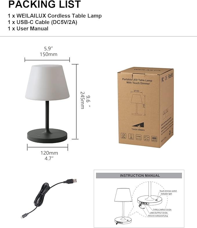 Outdoor Battery Operated Table Lamp Waterproof, 4000mAh Cordless Table Lamp Rechargeable, Touch Dimmable Desk Lamp, LED Night Light for Patio Camping Restaurant Home, H9.6in, Dark Grey