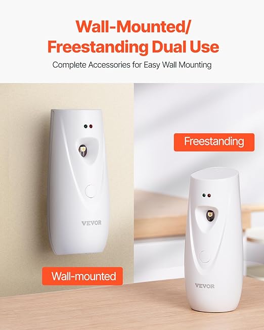 VEVOR Automatic Air Freshener Spray Dispenser, 2-Pack, Wall Mounted or Free Standing, Battery Operated, Multiple Time Settings for Home, Indoor, Bathrooms, Offices, Hotels, Commercial Places, White
