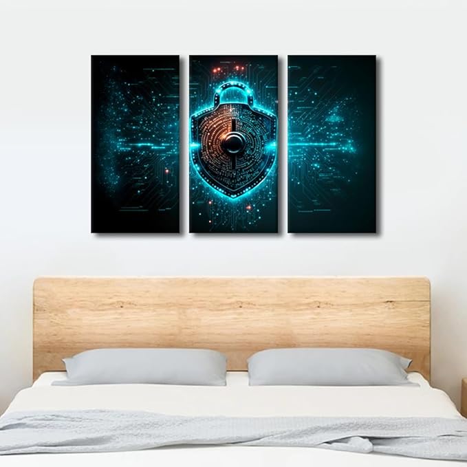 TUMOVO 3 Panel Modern Wall Art Binary Code Lock Picture Prints on Canvas Wall Paintings for Bedroom Living Room, Cybersecurity Conceptual Artwork Wooden Framed Ready to Hang, 36" Wx24 H