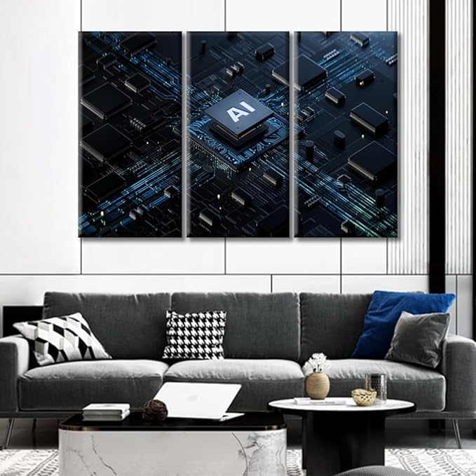 3 Pieces Artificial Intelligence Concept Canvas Paintings Computer Processors CPU Bedroom Wall Art Home Decor Bathroom Decor Wall Art Modern Artwork Ready to Hang for Living Room Office 60"Wx40"H