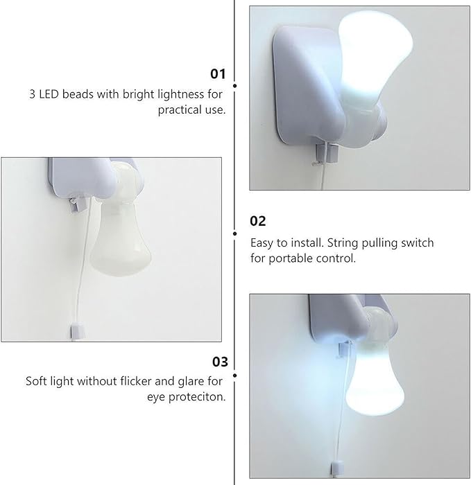 4 Pack Battery Operated Light Bulb, Stick-Up Wireless LED Closet Light Bulb, Battery Powered Self Adhesive Wall Mounted Lamp Fixture with Pull Chain for Cabinet Bedroom Living Room Kitchen