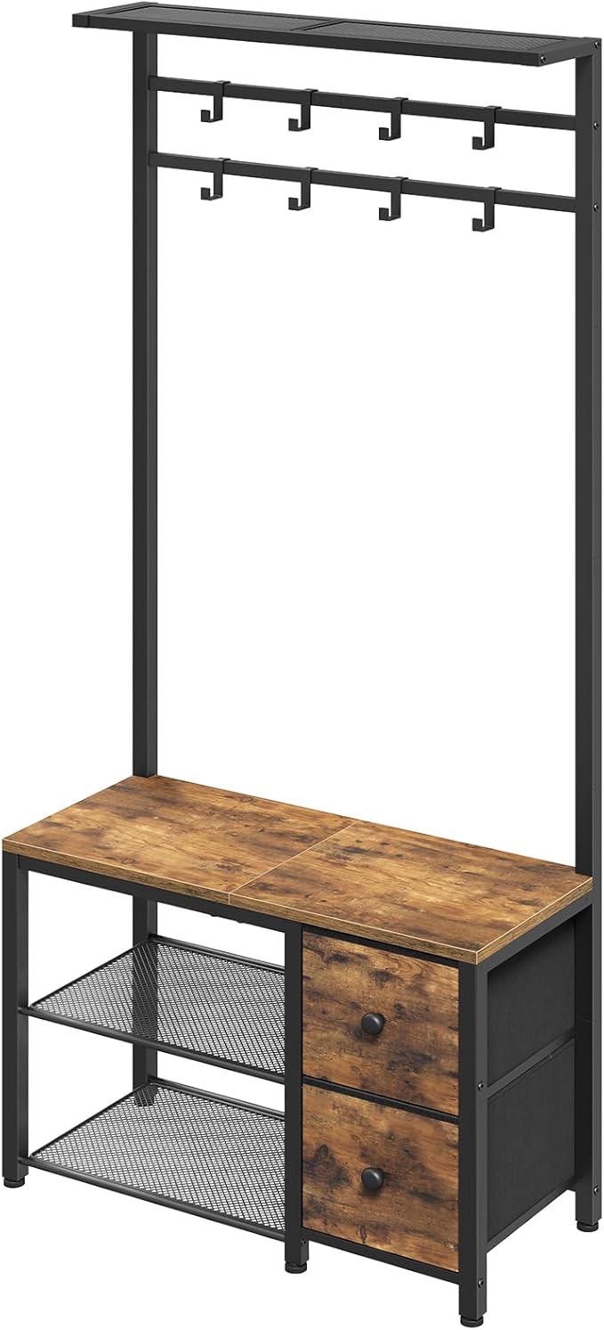 5-in-1 Hall Tree with Drawers, Entryway Bench with 8 Adjustable Coat Rack and Shoe Storage, Industrial Coat Rack with Bench for Entryway and Front Door, Rustic Brown and Black MT06BR