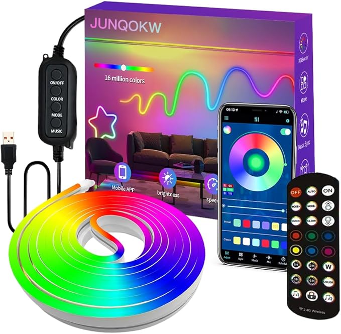 9.8FT USB LED Neon Rope Light,Smart RGB IC Led Strip Lights for Bedroom,Music Sync LED Neon Light Strip,APP and 24Keys Wireless Remote,DIY Ideas,Gaming Room,Home Decorations,Christmas Gift