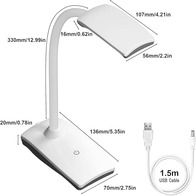 LED Desk Lamp 3 Brightness Dimmable Eye-Caring White Table Lamp Flexible Gooseneck Touch Desk Light 5W 450lm for Home Office Bedroom Reading Study 1.5M USB Cable