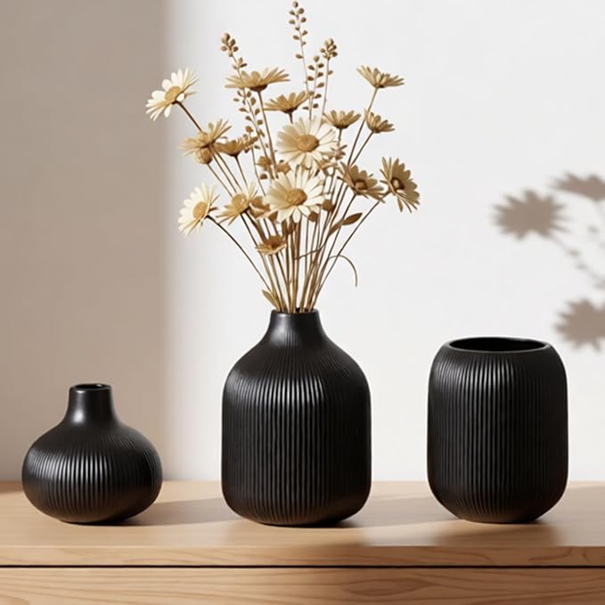 Black Ceramic Vase Set 3 Modern Style Decor Farmhouse Home Living Room Dining Table Room Desk Pottery Small Vases
