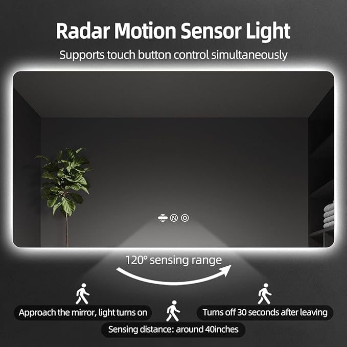 56 x 36 LED Bathroom Mirror, Frameless Rounded Corner Rectangle Backlit Mirror Bathroom, Anti-Fog, 3-Color Stepless Dimmable Lighted Mirror, Motion Sensor Lights, Memory Function