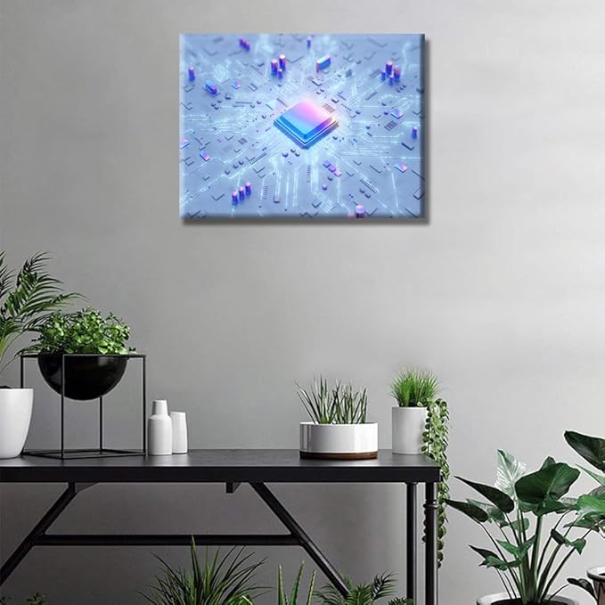 LSIUHWUWI Canvas Wall Art Central Computer Processors CPU Wall Decorations for Living Room Canvas Prints Technology Digital Art Modern Artwork for Bedroom Bathroom Framed Ready to Hang 12x16 INCH