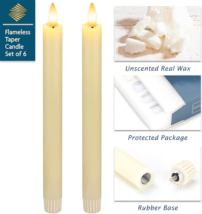 Real Wax Flameless Taper Candles with Remote Timer,Battery Operated LED Candles Set with 3D Flickering Flame,9.6" Ivory Realistic Dripless Candlesticks for Wedding Home Decor,6 Pack