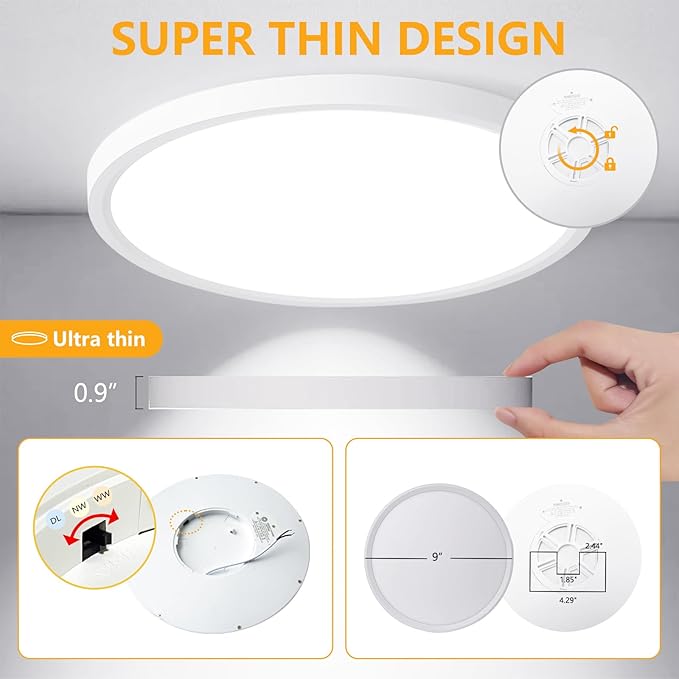 Led Flush Mount Ceiling Light,9 Inch 18w 1860lm,3000k/4000k/6000k 3CCT Selectable, Round Modern Flat Panel Super Slim Led Ceiling Light,for Living Dining Kitchen Bedroom Room (6Pack-White)