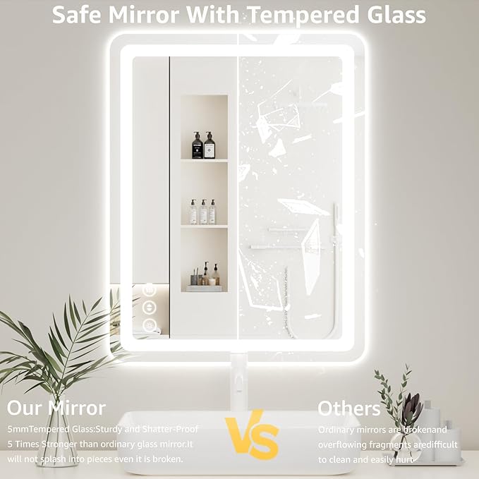 55" x 36" Led Bathroom Mirror with Lights, Anti-Fog & Tri-Color Lighting - Wall Mounted Shaving Mirror with Touch Sensor, Waterproof & Smart LED Vanity Mirror,Tempered Glass, Dimmable Smart Mirror