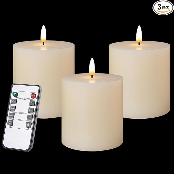 Flameless Candles Set of 3 (3x3 inch) Flickering LED Real Wax Candles Battery Operated with Remote Control Timers for Fireplace Bedroom Livingroom Party Dimmable Ivory Pillars Flat top