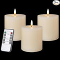 Flameless Candles Set of 3 (3x3 inch) Flickering LED Real Wax Candles Battery Operated with Remote Control Timers for Fireplace Bedroom Livingroom Party Dimmable Ivory Pillars Flat top