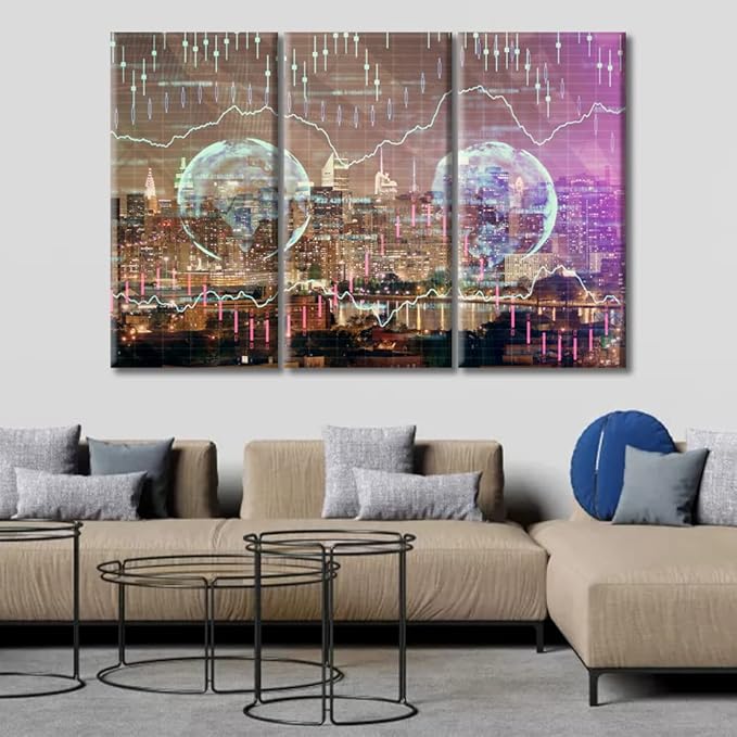TUMOVO Currency Business and Market Charts Canvas Paintings Wall Art for Living Room 3 Piece Business and Financial Concept Artwork Wall Decor Living Room Print on Canvas Ready to Hang (42" Wx28 H)