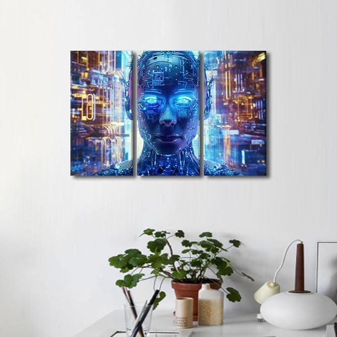 3 Panels Modern Wall Art AI Art for Business and Technology Pictures Prints Art for Living Room Bedroom Wall Decorations, Stretched Framed Gallery-Wrapped Ready to Hang, 36" Wx24 H