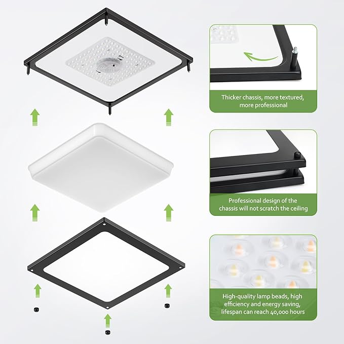 Square Ceiling Light Fixture - 36W 3000K/3500K/4000K/5000K/6000K Adjustable Flush Mount Led Light for Bathroom Bedroom Kitchen Hallway (2 Pack Black(5CCT), 12 Inch)