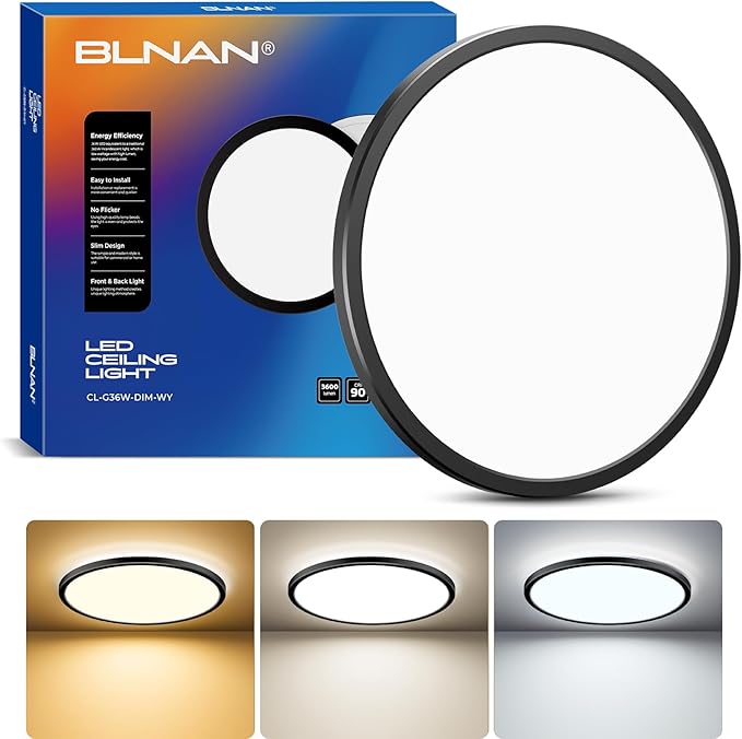 BLNAN 15.4 Inch LED Flush Mount Ceiling Light, 3000K-5000K 3 Color Selectable Ceiling Lights, 36W 3600LM Closet Light Fixture, Ceiling Lamp for Bedroom, Dining Room, Kitchen, Black