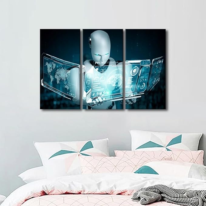 TUMOVO 3 Pieces Wall Art - AI Intelligence Canvas Prints Big Data Analysis Posters Canvas Print Modern Artwork Room Wall Decorations Robot Paintings Stretched and Framed Ready to Hang, 36" Wx24 H