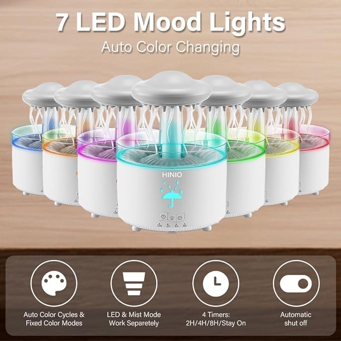 Rain Cloud Humidifier Water Drop，Octopus Aromatherapy Humidifier with 7 Colors LED Night Light with Remote Control for Bedroom Sleep Relaxation (White)
