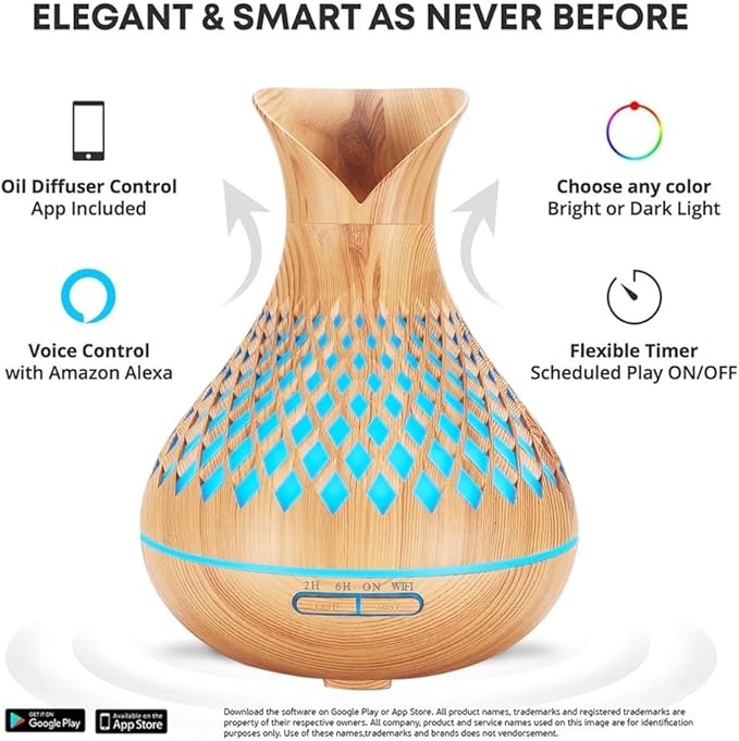 Smart WiFi Essential Oil Diffuser, 500ml Aromatherapy Diffuser Humidifier for Large Room, Works with App & Alexa Google Home Voice Control, 7 LED, Create Schedules and 4 Timer, Auto Off, Light Wood