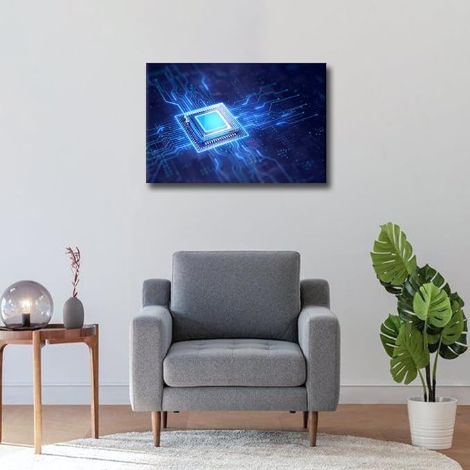 TUMOVO AI Wall Art Painting on Canvas Glowing CPU Bedroom Wall Art Modern Home Decor Computer Chip House Decorations for Living Room Bathroom Pictures Stretched on Wooden Frame, 18x12in