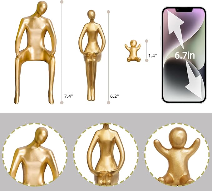 Quoowiit Gold Decor Family Statue Shelf Decor, Abstract Modern Home Decorations Family Sculpture, Minimalist Miniature Coffee Table Ornament Figurines for Office Bookshelf Living Room Bedroom 3 Piece