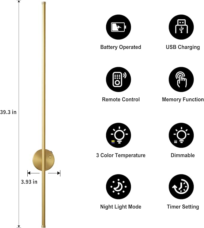 Motion Sensor Battery Operated Wall Sconce Set of Two - Modern Rechargeable Wireless Wall Lights with Remote Control, Dimmable, 3000K/4000K/6000K, Timer for Living Room, Hallway, Brass, 39.3 Inch