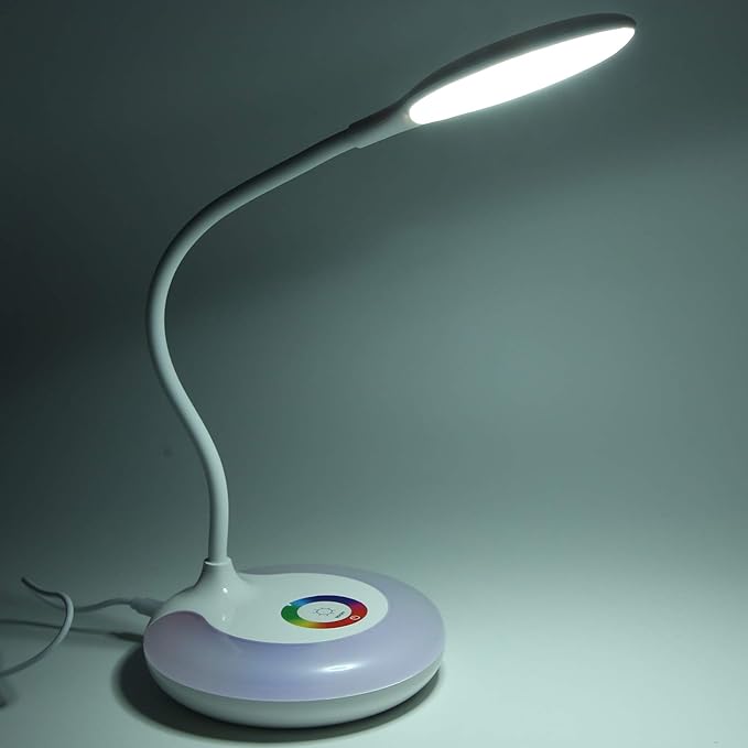 Fdit LED Desk Lamp with 3 Dimmable Modes and RGB Color Lights, 360 Adjustable Gooseneck, USB Powered Eye Protection Table Lamp for Reading, Study, and Bedroom, 5W Energy Saving (Rechargeable Version)