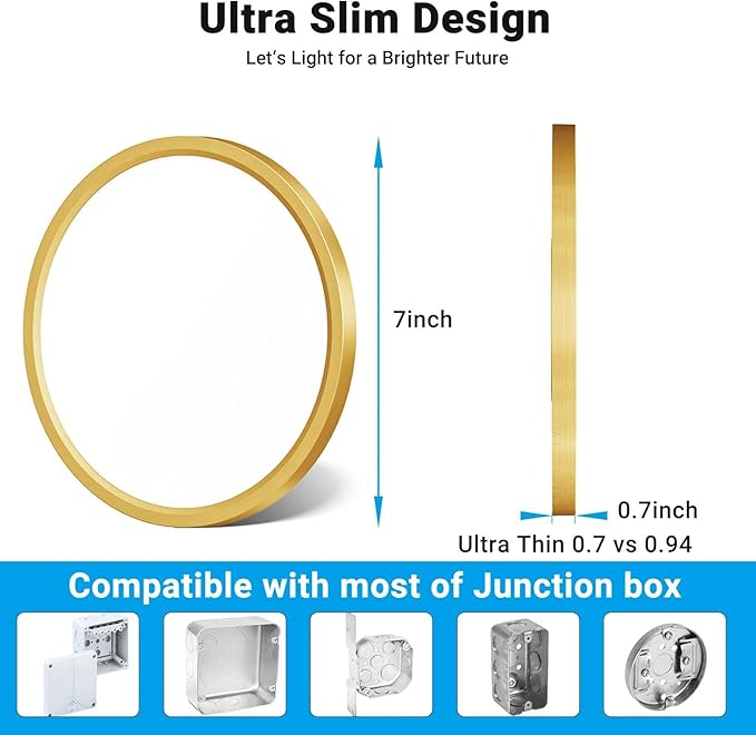 2 Pack LED Flush Mount Ceiling Light,7Inch 15W,3000K/3500K/4000K/5000K/6500K 5 Color Temperatures Ceiling Light Fixture for Kitchen Porch Hallway Bedroom Bathroom and Closet,Brushed Gold