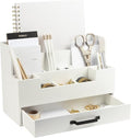 BLU MONACO White Wooden Desk Organizer With Drawer | Desktop Storage With Drawers | Multi-Compartment Desk Caddy for Home Office | 5.7”D x 12.9”W x 9”H Tabletop Accessory Holder