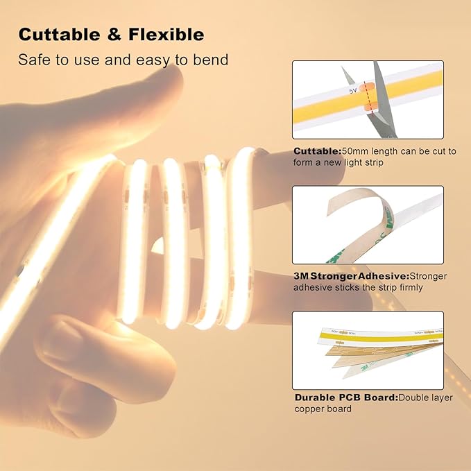 USB Light Strip Warm White 3000k CRI92+ 5v Small Cuttable COB Led Strip Light with Dimmer Switch, 10Watt/6 ft for TV Backlight,Cabinet,Bedroom,Indoor DIY Lighting Project