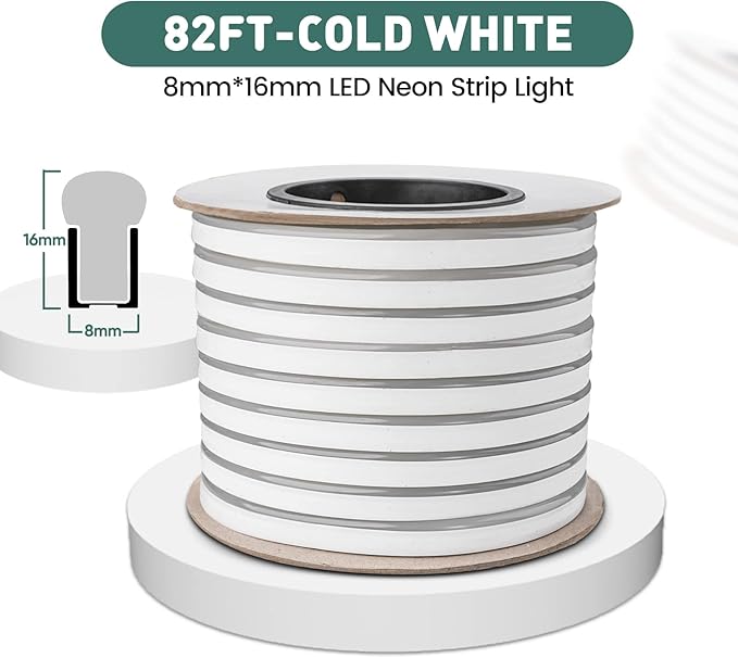 GZBtech Flexible LED Neon Rope Lights 82FT,AC 110-120V Waterproof Strip Light, 120 LEDs/M Cuttable Connectable Neon Lighting for Indoor Outdoor Home Decor/Commercial Use-Cold White 25M, ETL Listed