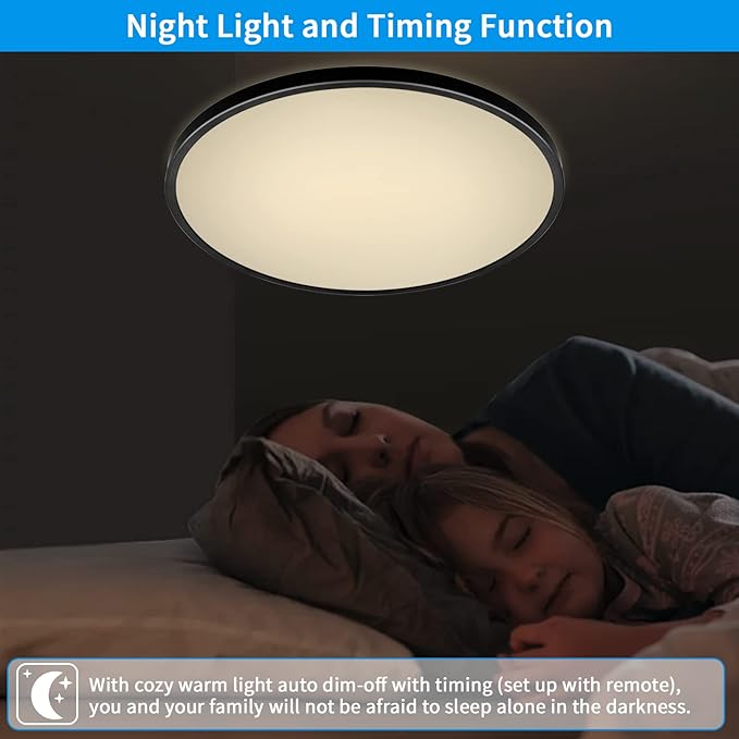 24 Inch Large LED Flush Mount Ceiling Light Fixtures - 56W Dimmable Kitchen Ceiling Light with Remote, 5600lm, 3000K/4500K/6000K Adjustable LED Ceiling Lamp for Bedroom, Black