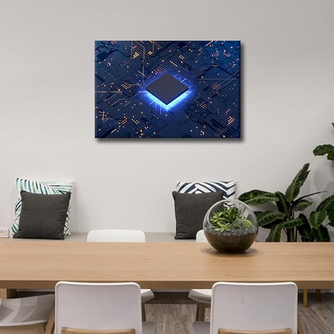 TUMOVO CPU Concept Wall Paintings for Living Room Technology Digital Art Pictures Print On Canvas Circuit Board Wall Art Bedroom Wall Decoration Office Wall Art Framed Ready to Hang - 24x16in