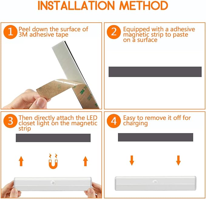 4 Pack Motion Sensor Closet Lights, 10 LED Stick-on Anywhere Magnetic Portable Wireless LED Under Cabinet Lights, Rechargeable Battery Night Light Bar for Closet Kitchen Hallway Stair(Daylight White)