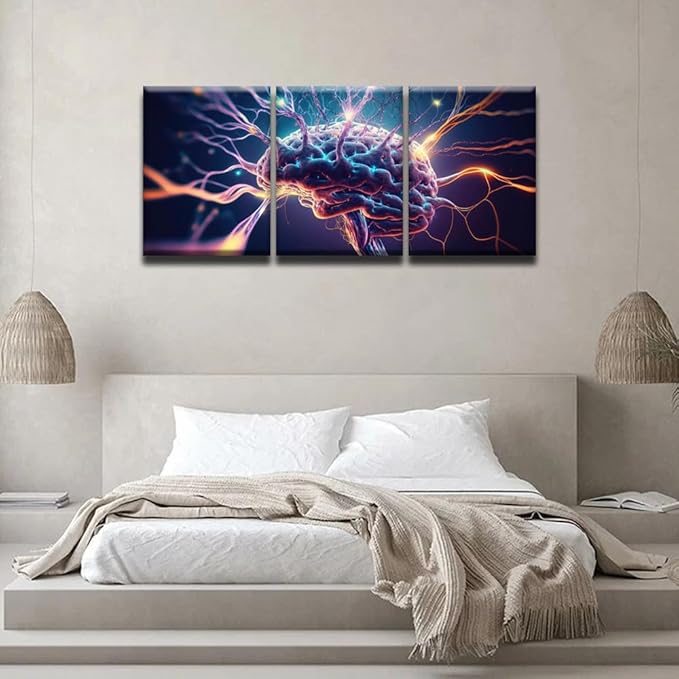LSIUHWUWI Modern Wall Art 3 Panel Human Brain Neurons Firing Picture Prints on Canvas for Living Room Computer Room,Office Wall Decoration, Framed Ready to Hang 12x16inchx3