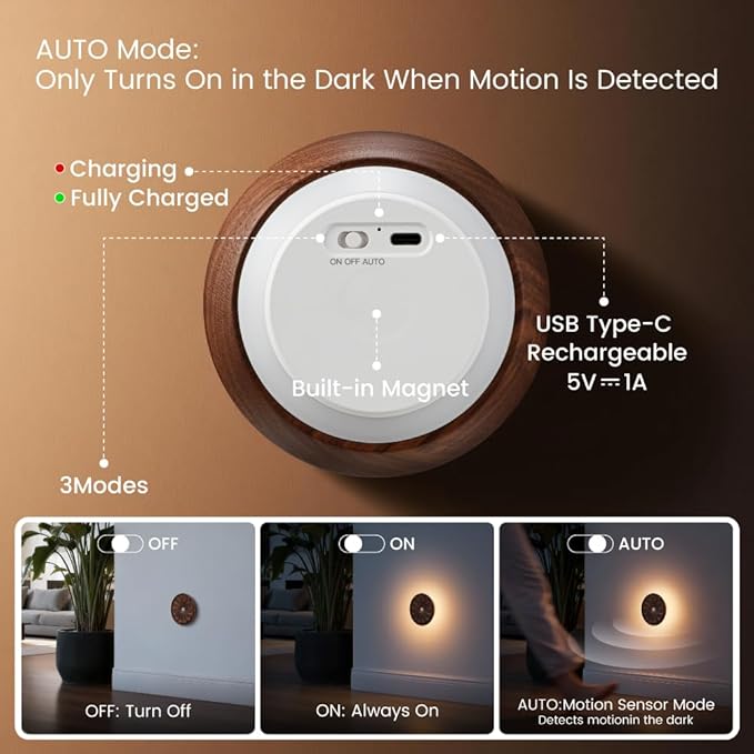 Wood Flower Motion Sensor Night Light, Mini Lamp with Embossed 3D Floral Surface, Rechargeable Warm Light, Stick-On Magnetic Mount for Home Decor, Bedroom, Hallway, Stair (Round Black Walnut *1Pack)