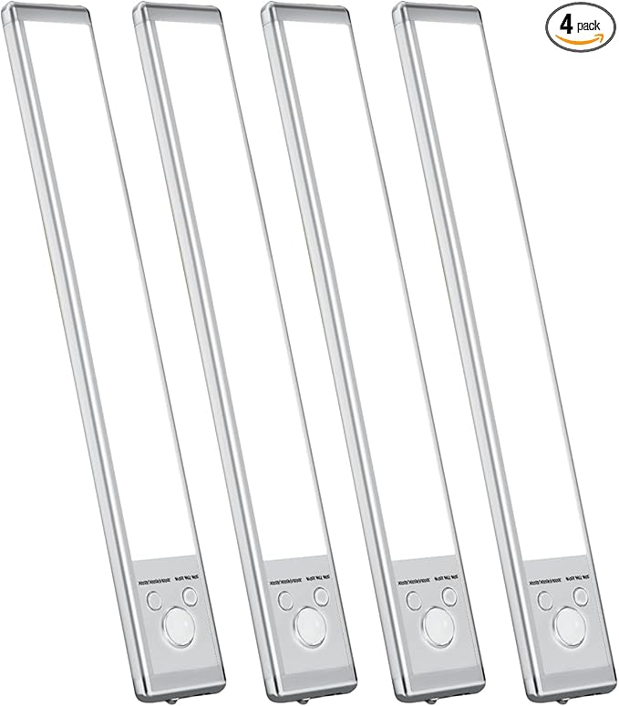 4 Pack Under Cabinet Lighting, Motion Sensor Light, 12-Inch Rechargeable LED, Battery Powered White