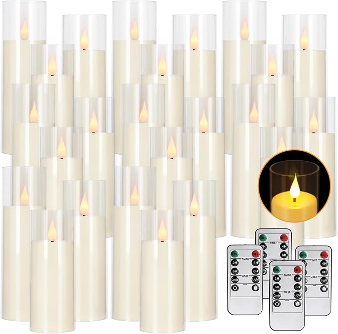 24-Pack LED Flameless Candles(14/16/18cm) with 4 Timers Remote - 3D Flickering Flame, Clear, Perfect Decor for Home & Events.