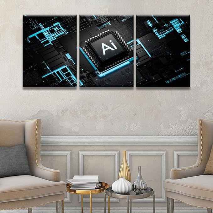 LSIUHWUWI Wall Art for Living Room 3 Piece Artificial Intelligence Processor Smart Microchip Pictures Print on Canvas Wall Art, CPU Artwork Ready to Hang, 12x16inchx3
