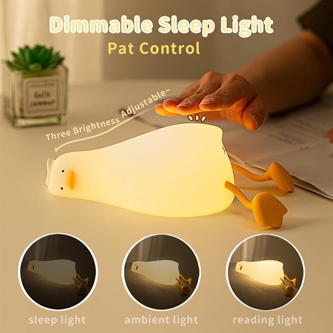 Lying Flat Duck Night Light, Cute Silicone Light Up Duck, 3 Level Dimmable Nursery Nightlight, LED Duck Lamp, Rechargeable Bedside Touch Lamp for Breastfeeding Toddler Baby Kids Decor