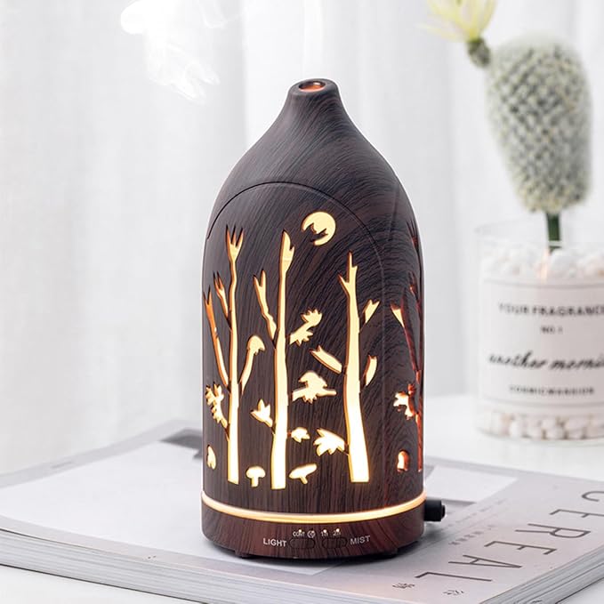 Essential Oil Diffuser,7.1''x3.5'' Air Diffusers with 3 Aromatherapy Oils Set,Small 200ml Humidifier with 7 LED Colors Lights,Waterless Auto-Off for Desk Office Home Decor Gift(Tree Dark Wood Grain)
